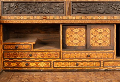 Lot 380 - A Japanese Hakone parquetry and marquetry cylinder roll top bureau