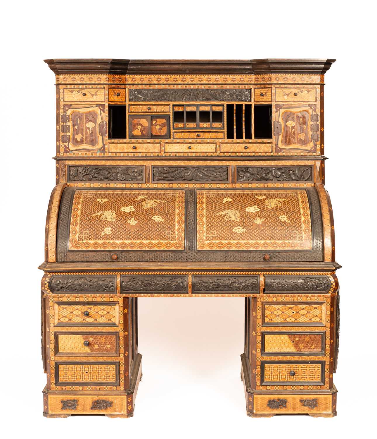 Lot 380 - A Japanese Hakone parquetry and marquetry cylinder roll top bureau