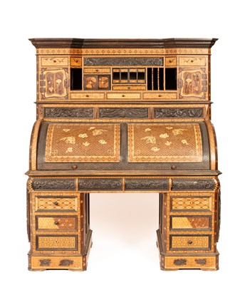 Lot 380 - A Japanese Hakone parquetry and marquetry cylinder roll top bureau