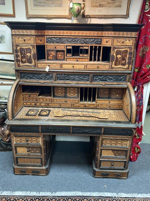 Lot 380 - A Japanese Hakone parquetry and marquetry cylinder roll top bureau