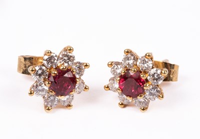 Lot 73 - A pair of 18ct yellow gold diamond and ruby cluster earrings